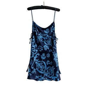 Victoria’s Secret 100% Silk Navy Blue Print Chemise • Side Tie • L • Vintage